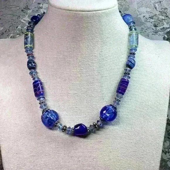 Jewelry - Blue Glass Necklace with Unique Beads